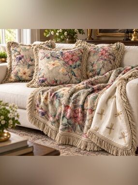 Estate Custom chinoiserie Floral Fringe Throw Pillows (3) with matching throw. -